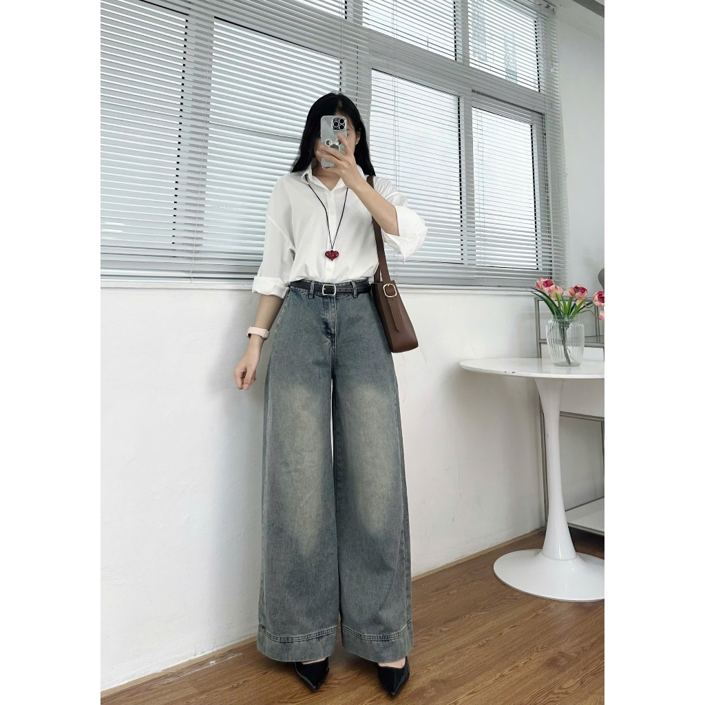 Quần jeans Joolate ống suông rộng màu xanh retro túi lệch hack eo Jeangauto
