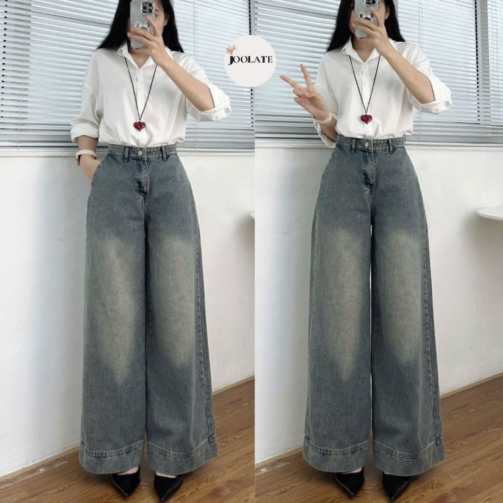 Quần jeans Joolate ống suông rộng màu xanh retro túi lệch hack eo Jeangauto