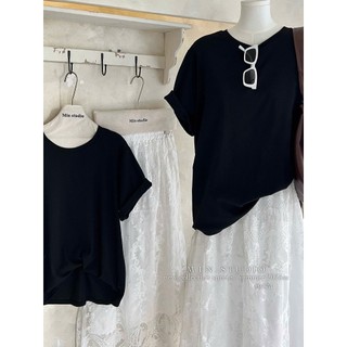Set Bộ Đồ Nữ Ái Phông Đen Trơn Form Thụng Ngắn Tay Mix Chân Váy Ren Hoa Trắng Dáng Dài
