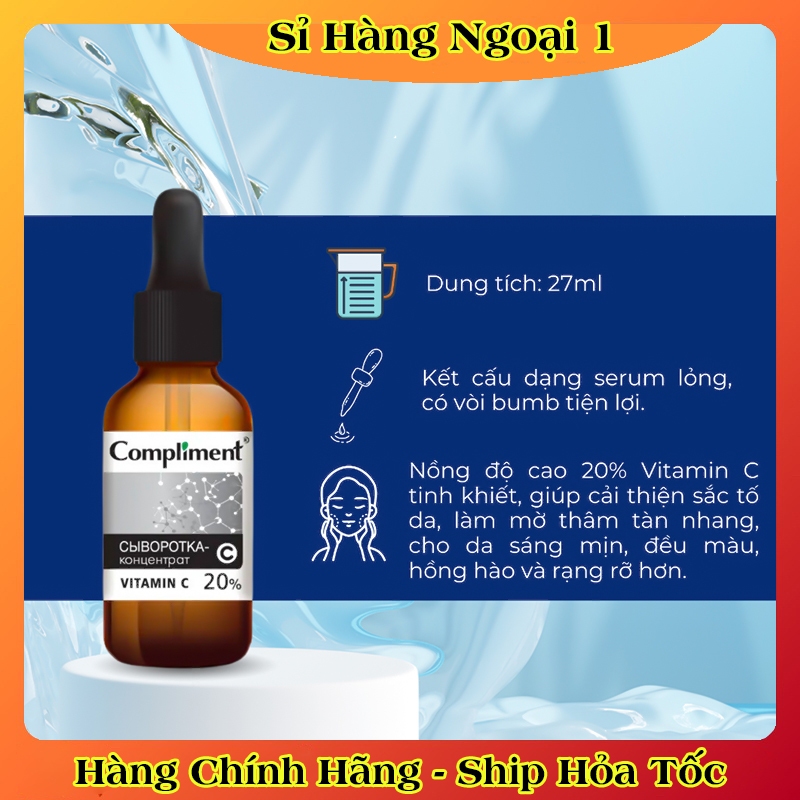 Serum Compliment 20% Vitamin C dưỡng trắng, mờ thâm, căng bóng da 27ml của Nga