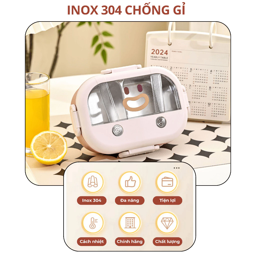 Hộp cơm inox 2 ngăn Uchan dễ thương, chống gỉ, chống tràn tốt, mẫu mới SP11