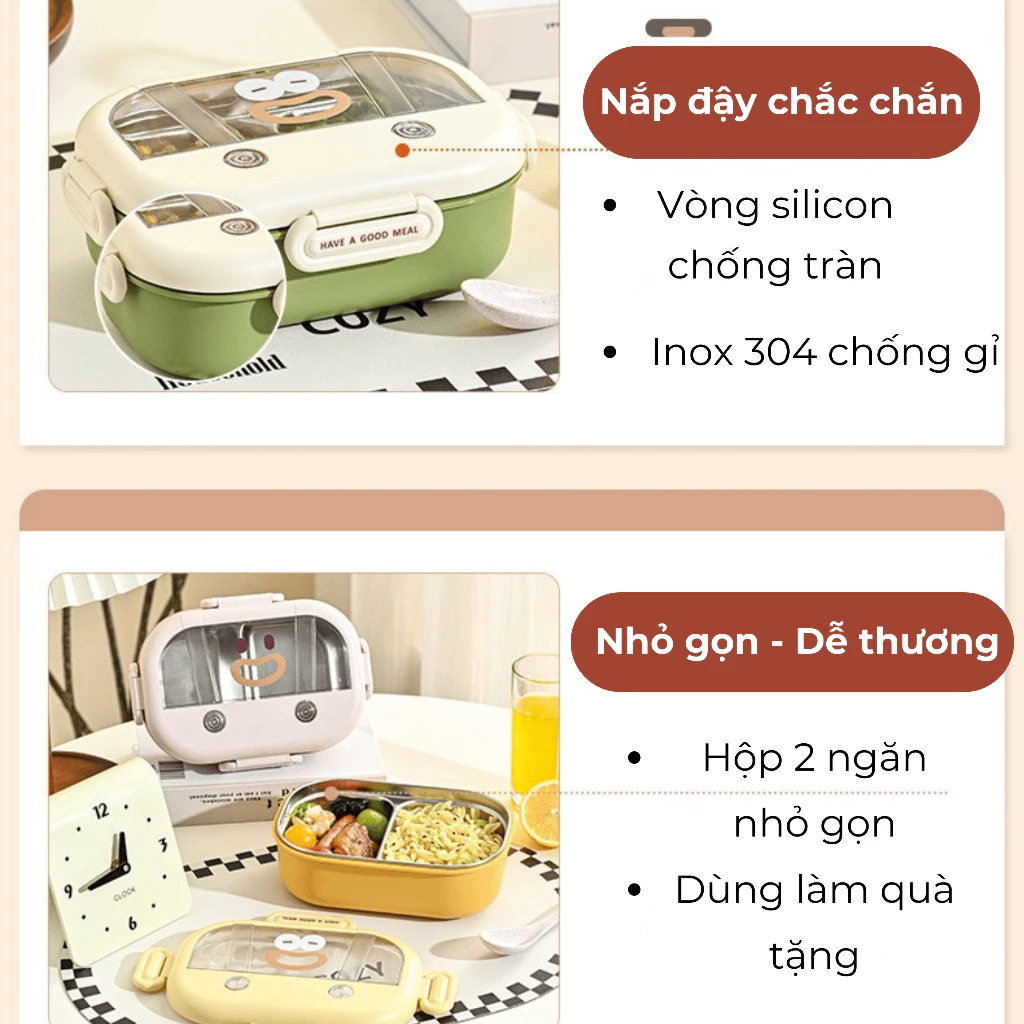 Hộp cơm inox 2 ngăn Uchan dễ thương, chống gỉ, chống tràn tốt, mẫu mới SP11