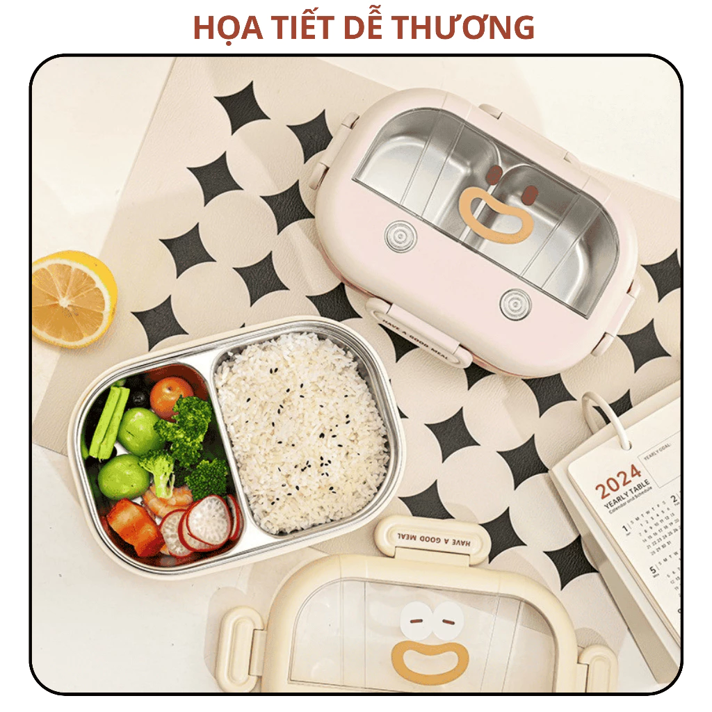 Hộp cơm inox 2 ngăn Uchan dễ thương, chống gỉ, chống tràn tốt, mẫu mới SP11