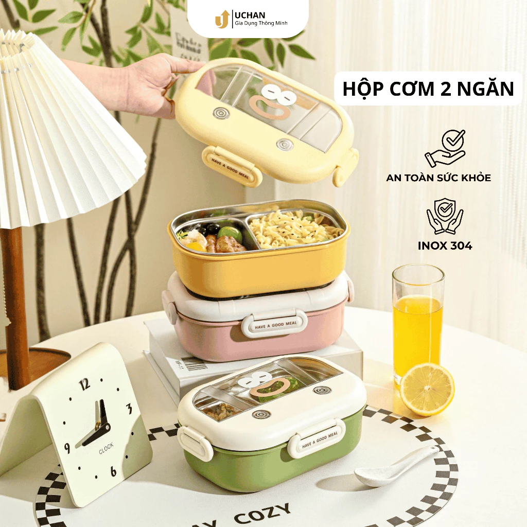Hộp cơm inox 2 ngăn Uchan dễ thương, chống gỉ, chống tràn tốt, mẫu mới SP11