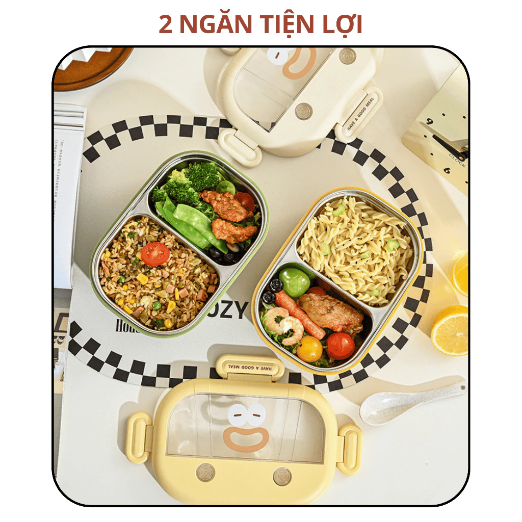 Hộp cơm inox 2 ngăn Uchan dễ thương, chống gỉ, chống tràn tốt, mẫu mới SP11