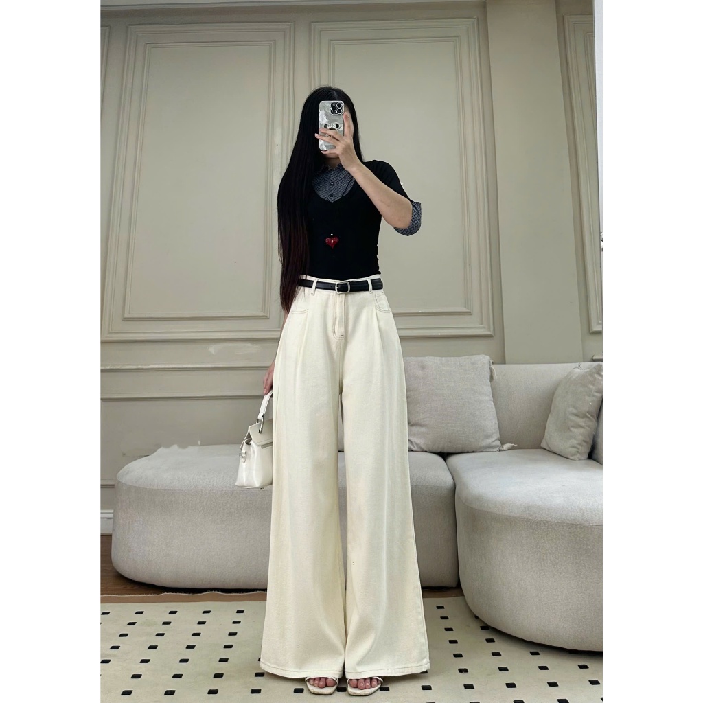 Quần Jeans Ống Rộng Joolate Kiểu Xếp Ly Cạp Cao Tôn Dáng