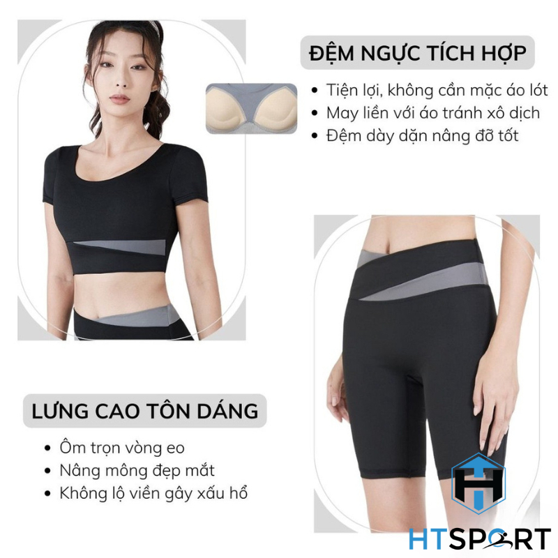 Set Đồ Tập Gym Nữ Ngắn, Bộ Quần Áo Thun BTG02 Tập Thể Thao, Yoga, Aerobic Ôm Body Tôn Dáng Lưng Cao Có Mút Ngực