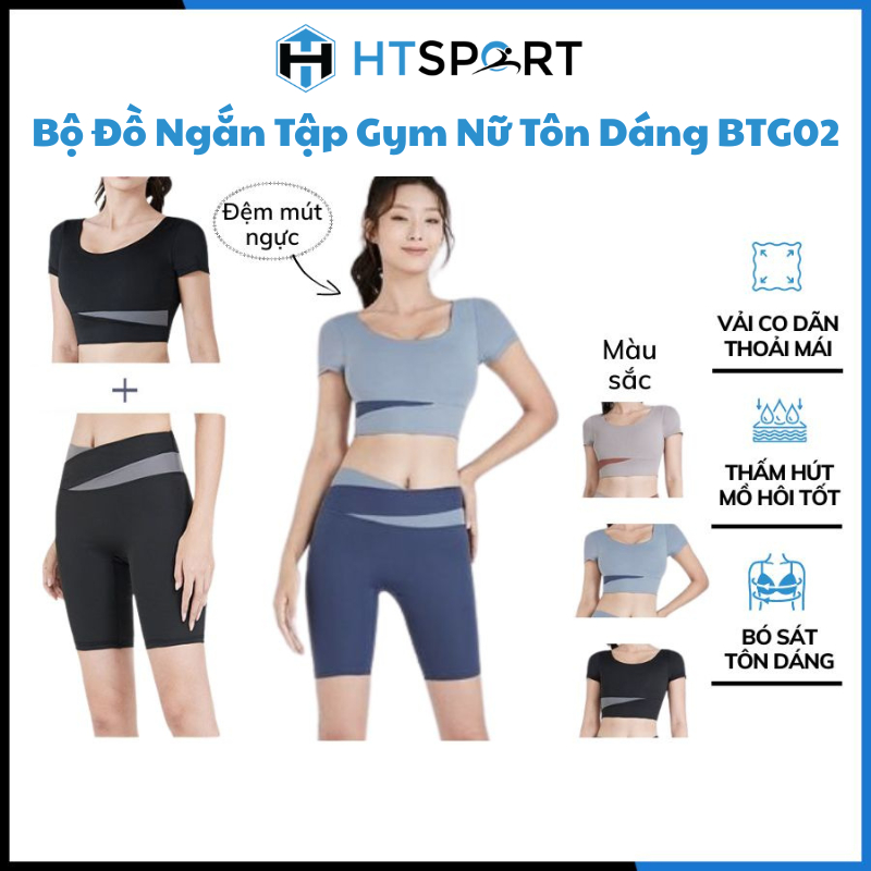 Set Đồ Tập Gym Nữ Ngắn, Bộ Quần Áo Thun BTG02 Tập Thể Thao, Yoga, Aerobic Ôm Body Tôn Dáng Lưng Cao Có Mút Ngực