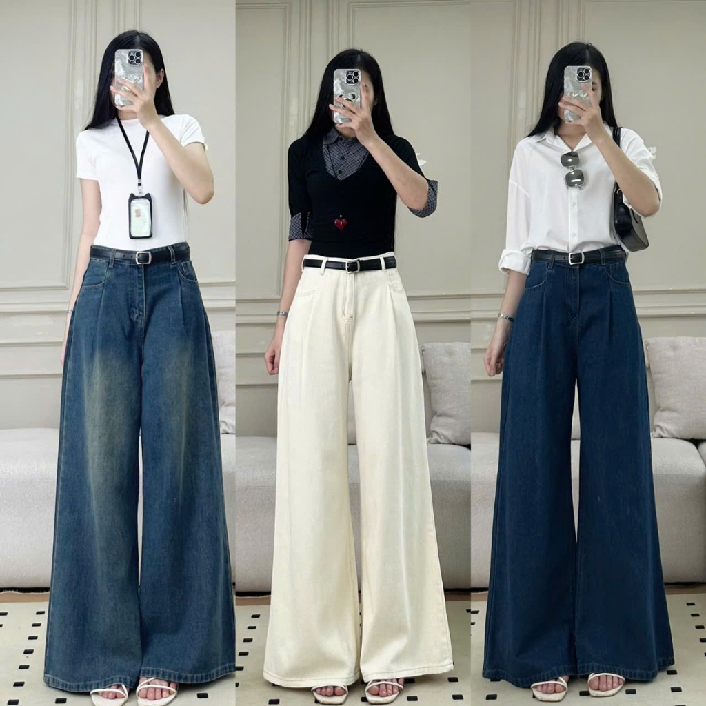Quần Jean ly gấu Joolate mác da ống rộng dáng suông dài chất mềm mịn