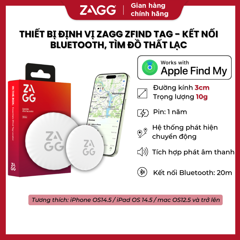 Thiết bị định vị ZAGG ZFind Tag - Kết nối Bluetooth, Tìm đồ thất lạc, Tương thích iOS Hoạt động với Apple “Find My”