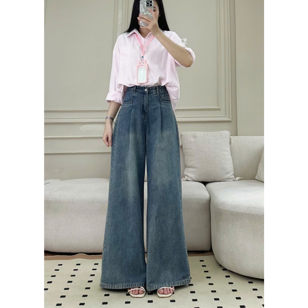 Quần Jeans Ống Rộng Joolate Kiểu Xếp Ly Cạp Cao Tôn Dáng