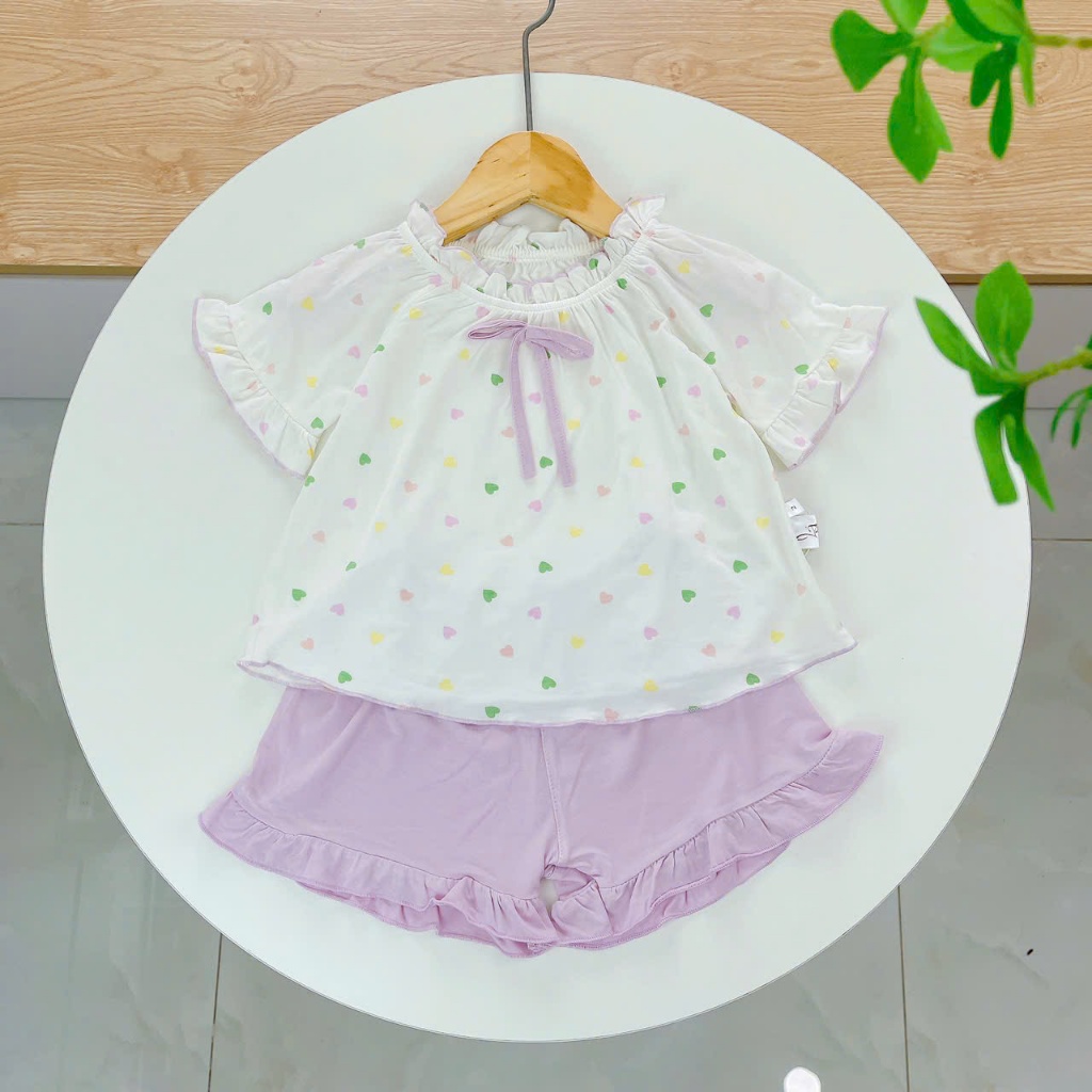 Bộ hè bé gái sợi sồi Modal Lá Homewear A247 mềm mát lạnh, bộ cộc tay bé gái babydoll