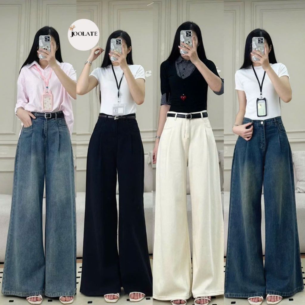 Quần Jeans Ống Rộng Joolate Kiểu Xếp Ly Cạp Cao Tôn Dáng