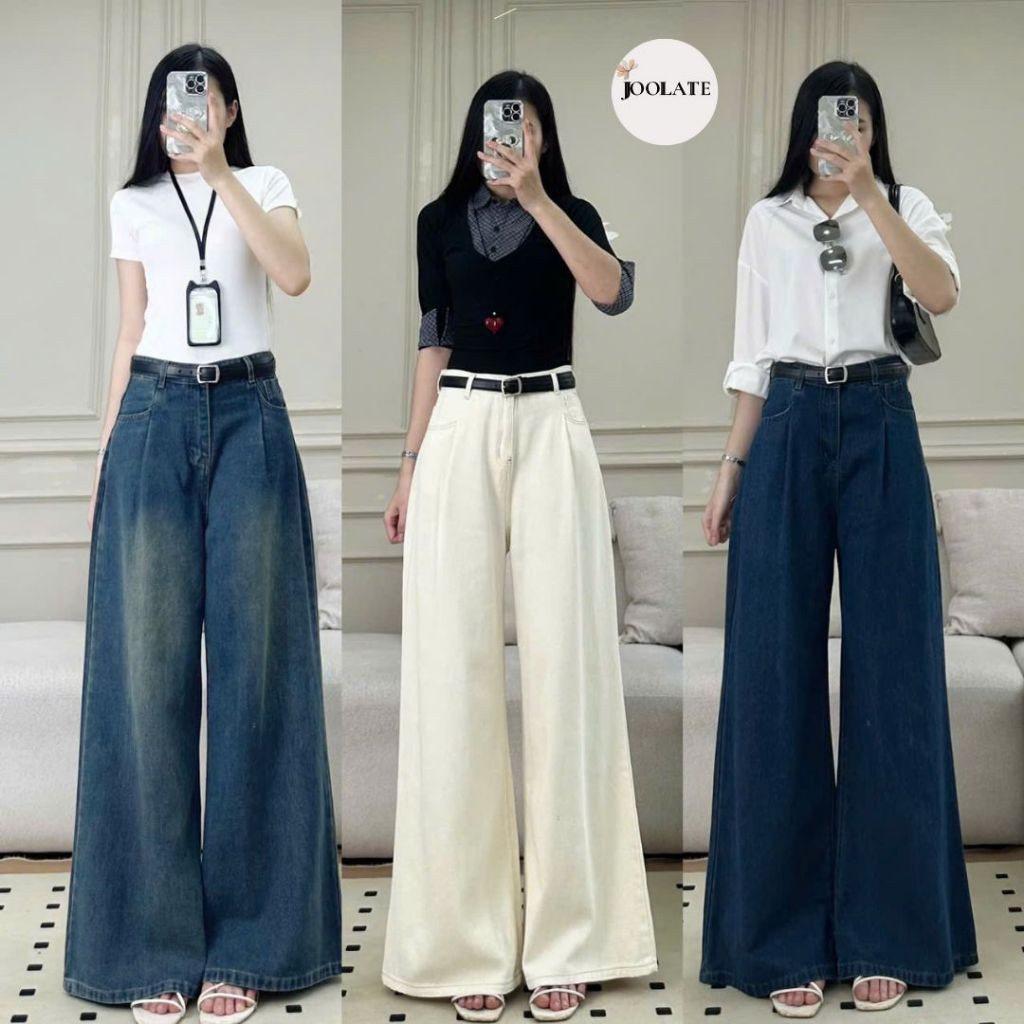 Quần Jean ly gấu Joolate mác da ống rộng dáng suông dài chất mềm mịn