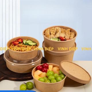 50 Bát Giấy Kraft Tròn Nâu 750/1000ml - Kèm Nắp, Chống Thấm, Đựng Mì/Phở/Bún/Cháo/Bông Lan