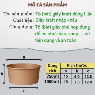 50 Bát Giấy Kraft Tròn Nâu 750/1000ml - Kèm Nắp, Chống Thấm, Đựng Mì/Phở/Bún/Cháo/Bông Lan