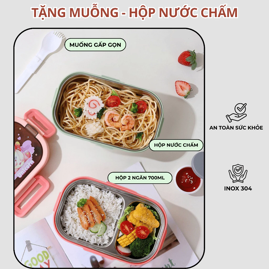 Hộp đựng cơm 2 ngăn inox chống gỉ, chống tràn Tặng thìa và hộp đựng nước chấm SP12