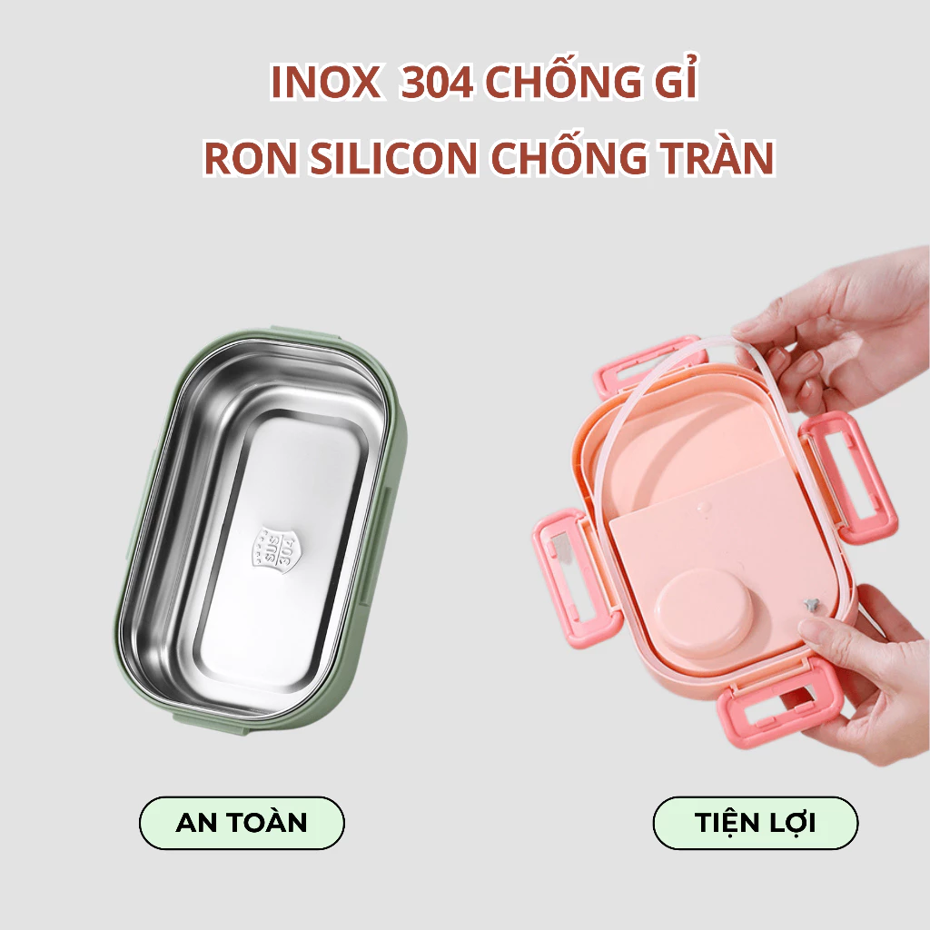 Hộp đựng cơm 2 ngăn inox chống gỉ, chống tràn Tặng thìa và hộp đựng nước chấm SP12