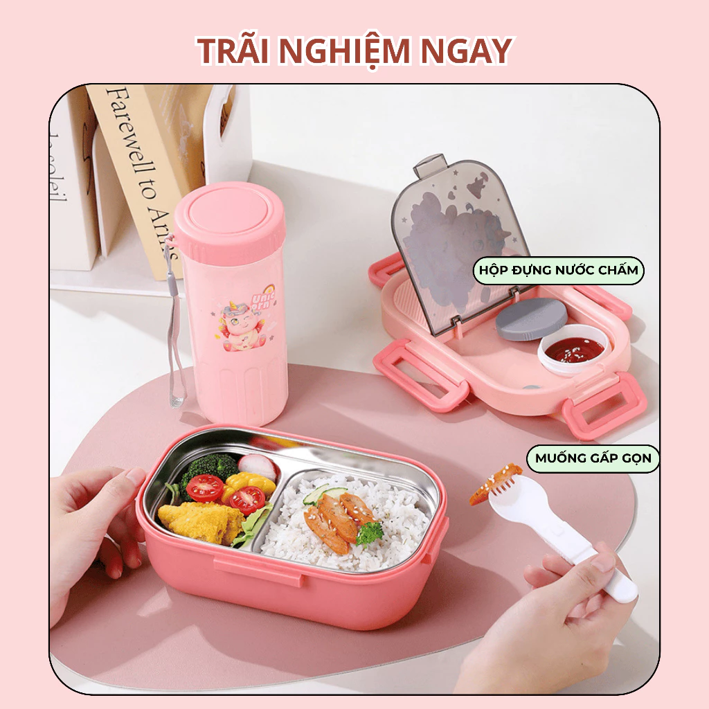 Hộp đựng cơm 2 ngăn inox chống gỉ, chống tràn Tặng thìa và hộp đựng nước chấm SP12