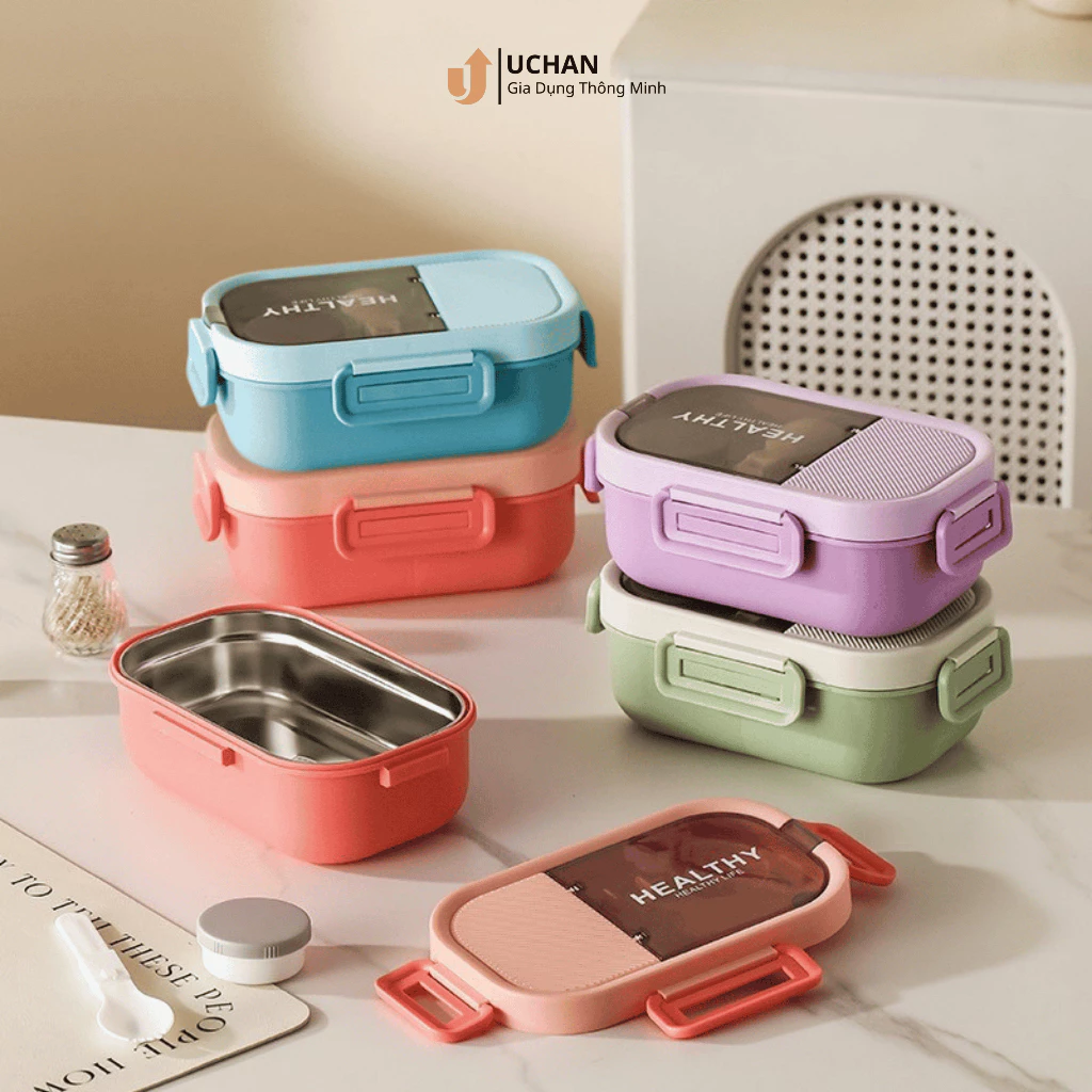 Hộp đựng cơm 2 ngăn inox chống gỉ, chống tràn Tặng thìa và hộp đựng nước chấm SP12