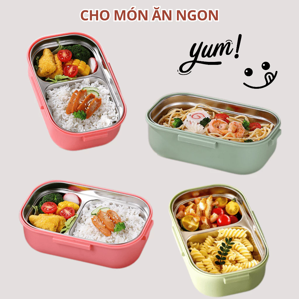 Hộp đựng cơm 2 ngăn inox chống gỉ, chống tràn Tặng thìa và hộp đựng nước chấm SP12