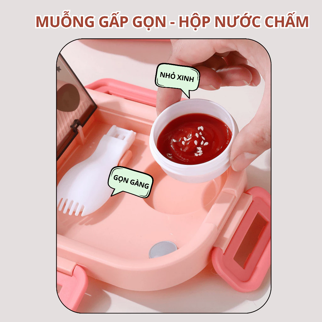 Hộp đựng cơm 2 ngăn inox chống gỉ, chống tràn Tặng thìa và hộp đựng nước chấm SP12