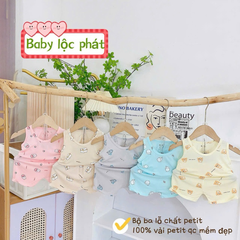 (LPBL 02) Bộ ba lỗ Lộc Phát chất petit họa tiết hoạt hình đáng yêu thoáng mát cho bé trai bé gái từ 3-14kg