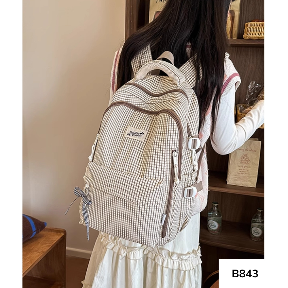 Balo đi học của nữ caro phối màu đơn giản dễ thương cấp 2 cấp 3 nhiều ngăn form to gagastore B843