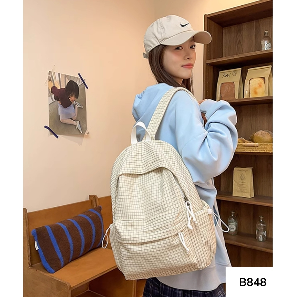 Balo đi học cho nữ basic form gọn nhẹ caro dây rút phong cách hàn quốc cấp 2 cấp 3 gagastore B848