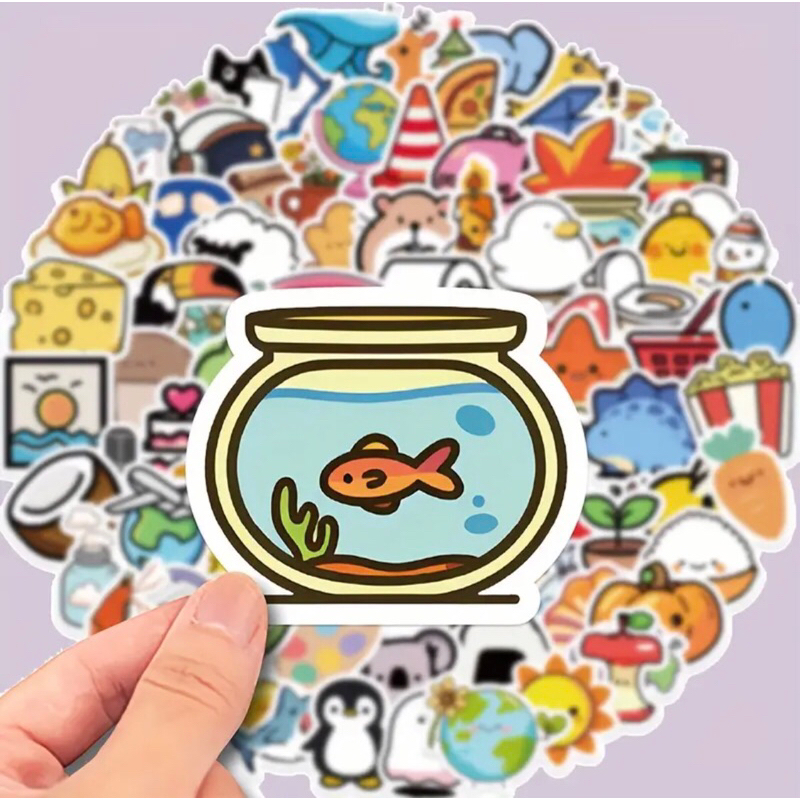 Set 60 sticker đa dạng mẫu hoa, trái cây con vật, sinh vật biển trang trí sổ tay note book laptop mũ bảo hiểm chống nưoc