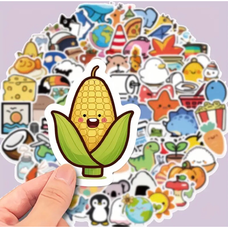 Set 60 sticker đa dạng mẫu hoa, trái cây con vật, sinh vật biển trang trí sổ tay note book laptop mũ bảo hiểm chống nưoc