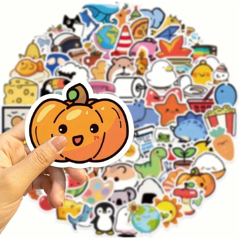 Set 60 sticker đa dạng mẫu hoa, trái cây con vật, sinh vật biển trang trí sổ tay note book laptop mũ bảo hiểm chống nưoc