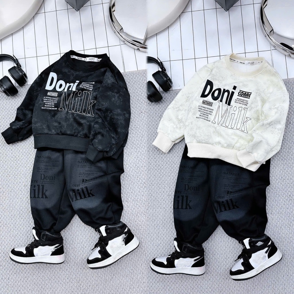 Bộ Quần Áo In chữ DONI, chất liệu Nỉ 2 Da, 2 Màu Đen và Trắng, Size từ 17-60kg Mềm mịn Ấm áp - KenKids