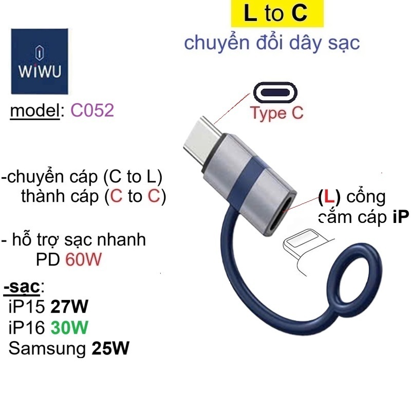 Đầu chuyển (L to C) Wiwu C052 hỗ trợ sạc nhanh PD 60W -Bảo Hành 3 tháng ...