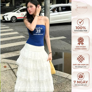 (Hàng loại 1)Set 2 món áo ống ôm body phối chân váy midi ren tầng suông dài _SEP House