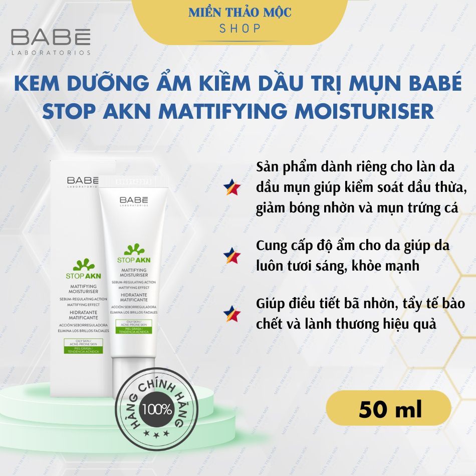 Kem dưỡng ẩm giảm nhờn ngừa mụn BABE Stop AKN Mattifying Moisturiser 50ml