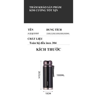[Tặng túi] Bình giữ nhiệt 1500ml inox 304, bình nước giữ nhiệt lạnh hơn 20 giờ, giữ nóng hơn 12 giờ, có dây treo
