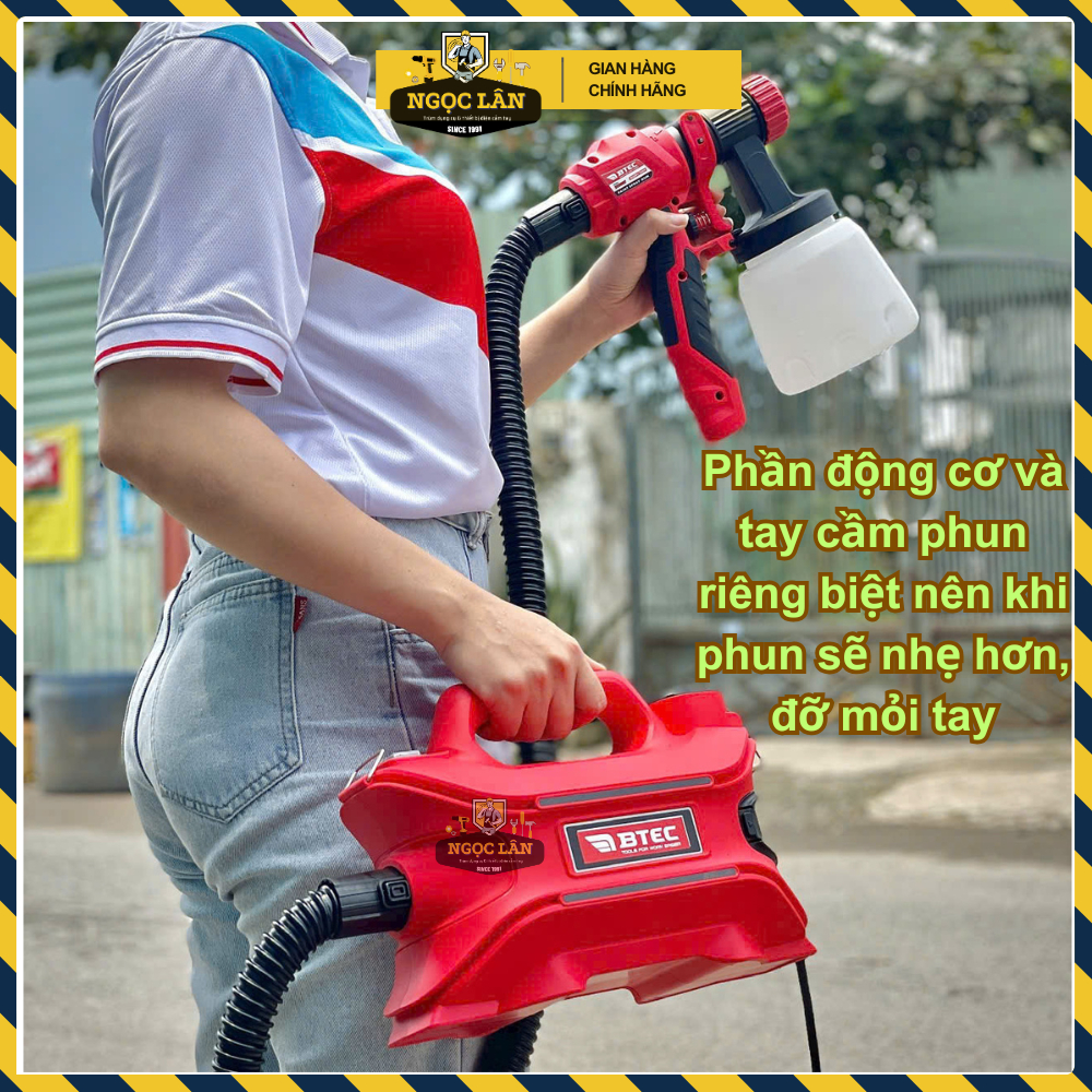 [Chính hãng] Máy phun sơn điện đeo hông, đeo vai Btec BT8007 700W, bình sơn 800ml, béc phun đa năng