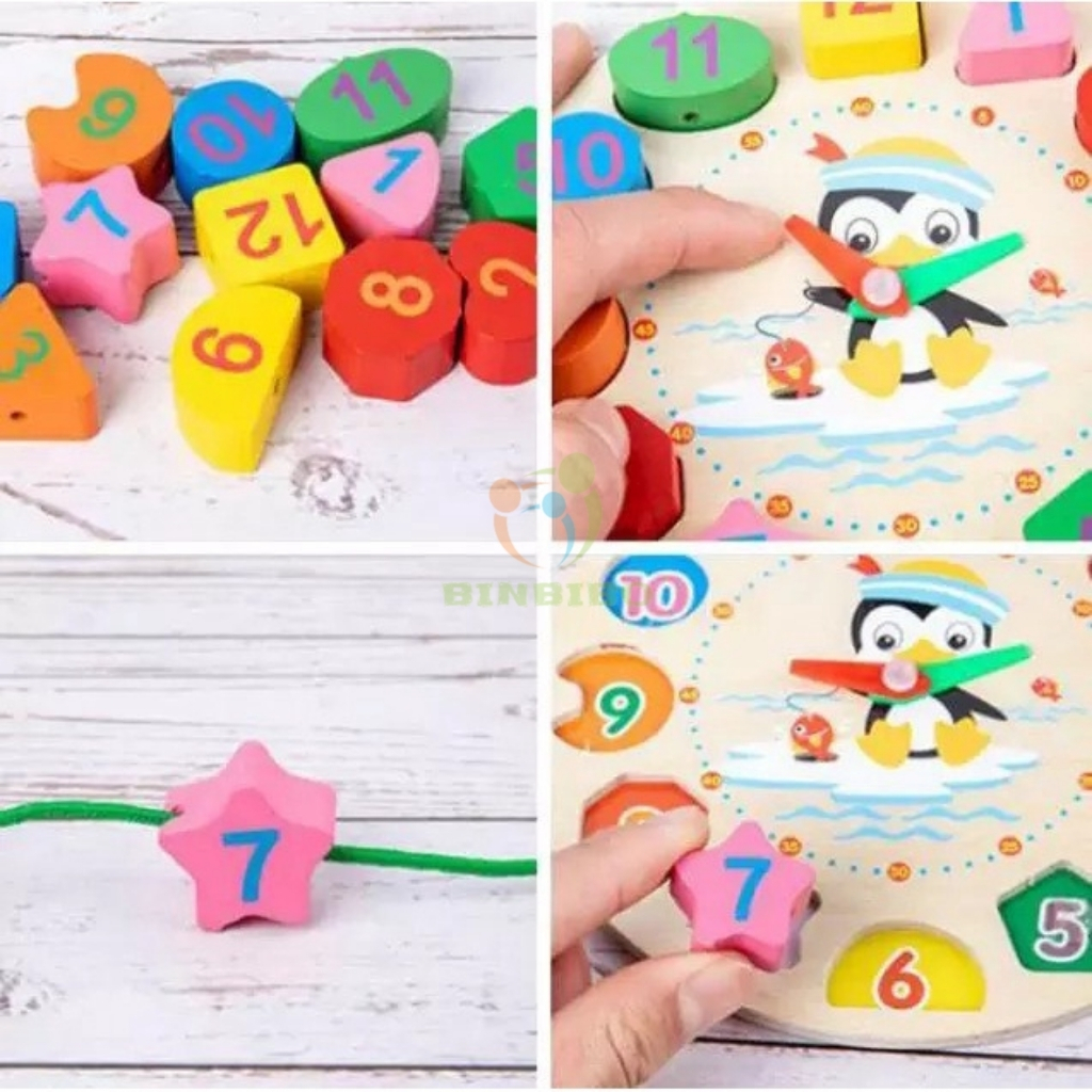 Đồng hồ gỗ đồ chơi xâu hạt giúp bé nhận biết màu sắc hình khối phát triển kỹ năng luyện tay mắt Binbibo