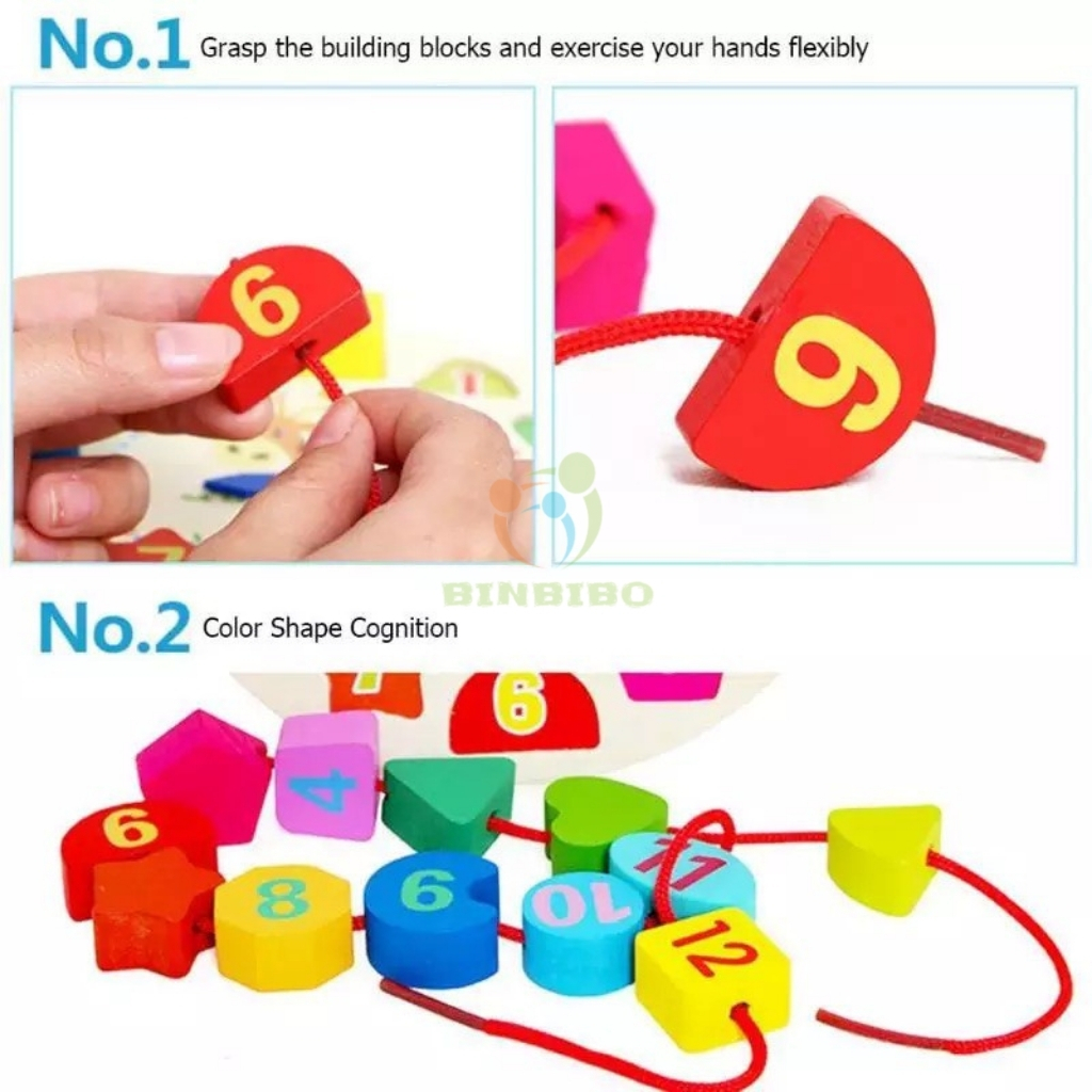 Đồng hồ gỗ đồ chơi xâu hạt giúp bé nhận biết màu sắc hình khối phát triển kỹ năng luyện tay mắt Binbibo