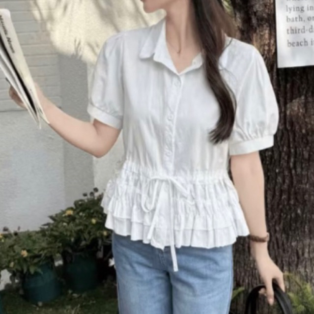 Áo sơ mi rút eo phối tầng bèo tiểu thư chất thô mềm hottrend 2025 By .Thanhhuyenclothing
