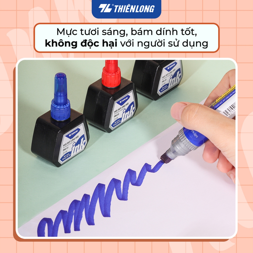 Ảnh Mực bút lông dầu Thiên Long PMI-01 gồm 3 màu mực: Xanh/ Đỏ/ Đen, bám dính tốt, không độc hại theo tiêu chuẩn Châu Âu 1