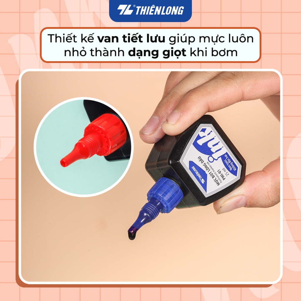 Ảnh Mực bút lông dầu Thiên Long PMI-01 gồm 3 màu mực: Xanh/ Đỏ/ Đen, bám dính tốt, không độc hại theo tiêu chuẩn Châu Âu 4