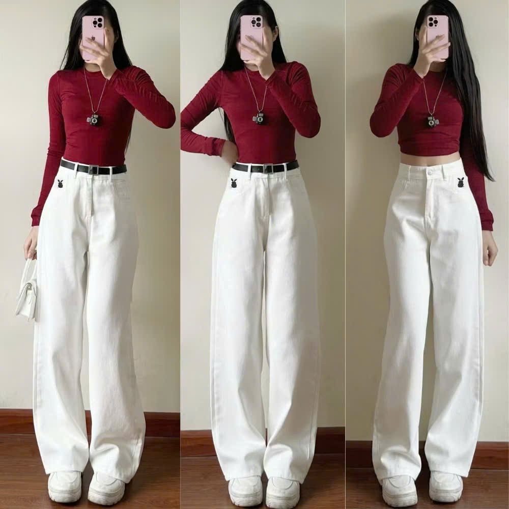 Quần Jean Thêu Suông Bigsize Nữ Ống Rộng Lưng Cao Mềm Họa Tiết Thỏ Phong Cách Năng Động Q550