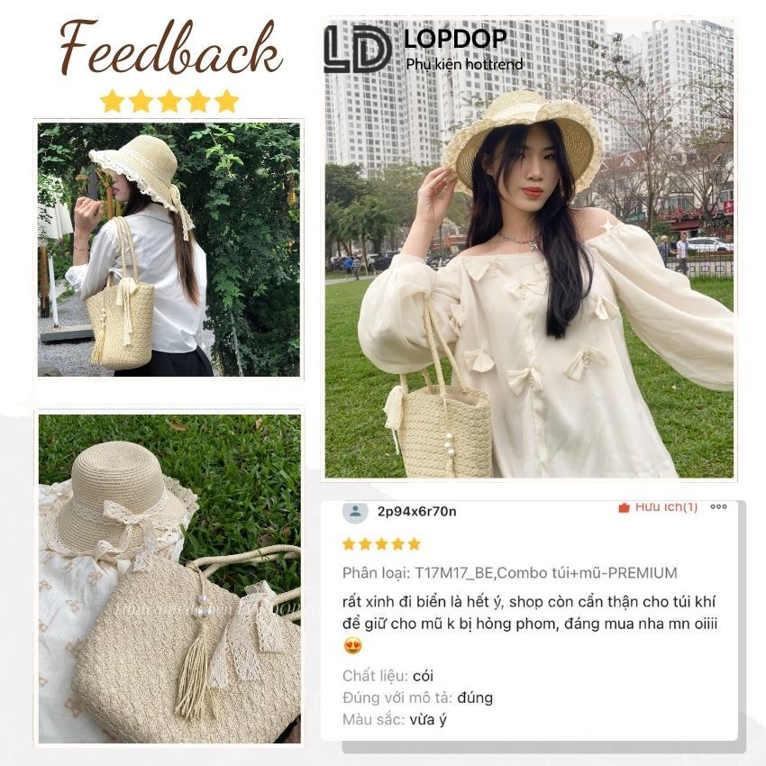[MỞ BÁN]Combo Mũ Túi Cói Du Lịch, Mũ Viền Ren Thắt Nơ Vintage Thích Hợp Đi Biển Đi Du Lịch T17M17 LOPDOP