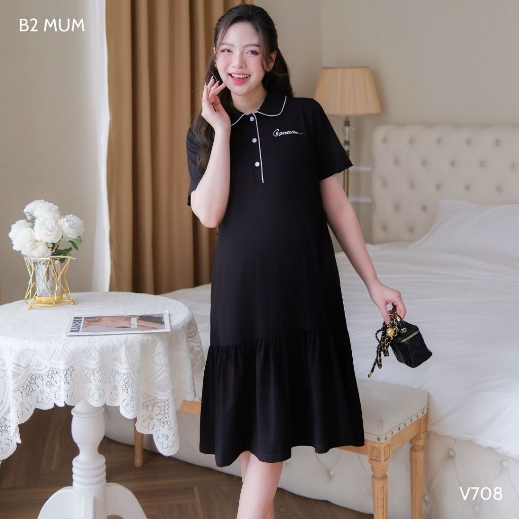 Váy bầu thiết kế chất cotton 4 chiều con giãn thấm hút mồ hôi in chữ cách điệu mặc đi làm đi chơi - V708 B2 MUM