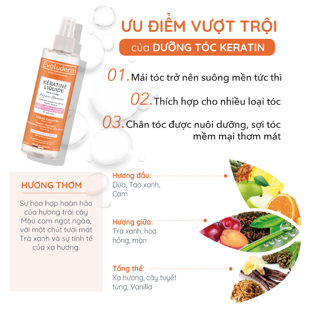 Xịt dưỡng tóc giúp nuôi dưỡng phục hồi độ bóng cho tóc khô và xỉn màu Evoluderm Brume Cheveur Keratine