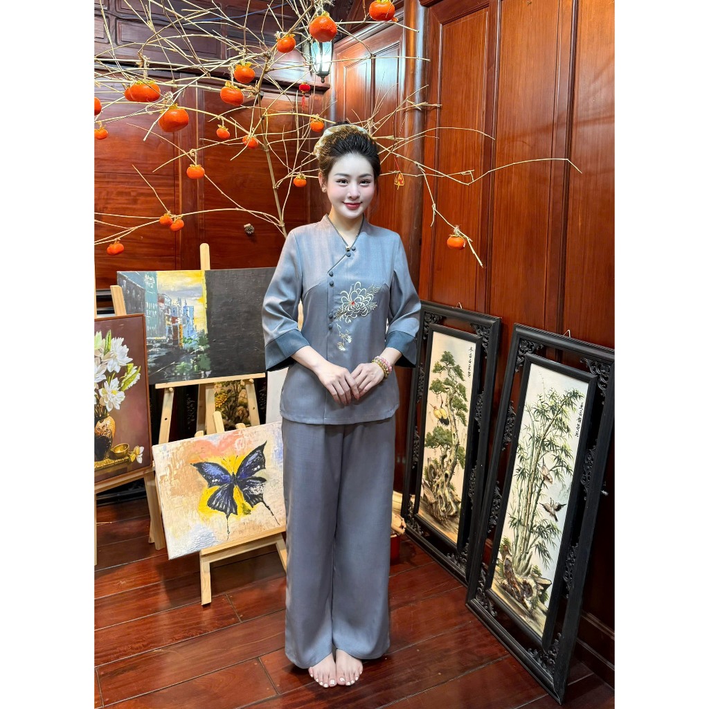 Đồ đi chùa cổ V thêu hoa bỉ ngạn vải đũi thái Pháp phục lễ chùa tay lỡ Đồ lam nữ đính cúc bọc đũi mềm Thanh lịch