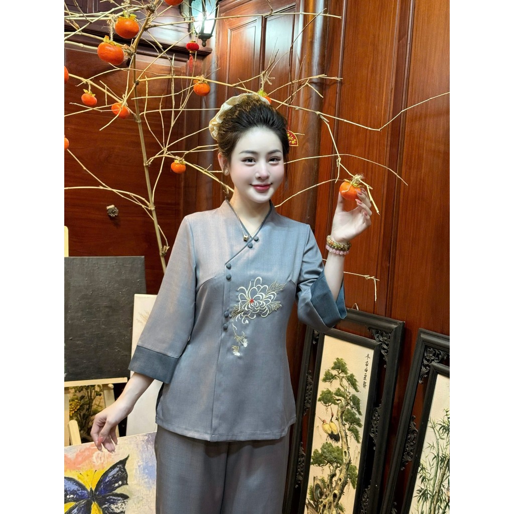 Đồ đi chùa cổ V thêu hoa bỉ ngạn vải đũi thái Pháp phục lễ chùa tay lỡ Đồ lam nữ đính cúc bọc đũi mềm Thanh lịch