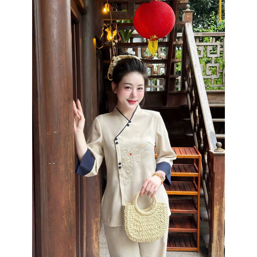 Đồ đi chùa cổ V thêu hoa bỉ ngạn vải đũi thái Pháp phục lễ chùa tay lỡ Đồ lam nữ đính cúc bọc đũi mềm Thanh lịch